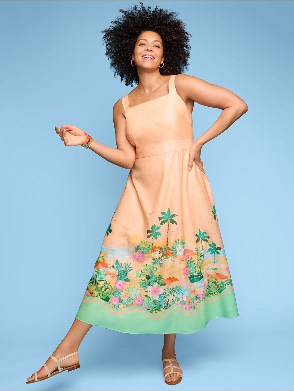 Talbots Linen Maxi Dress Sunset Horizon Tropical Border Print Petite 6P NWT